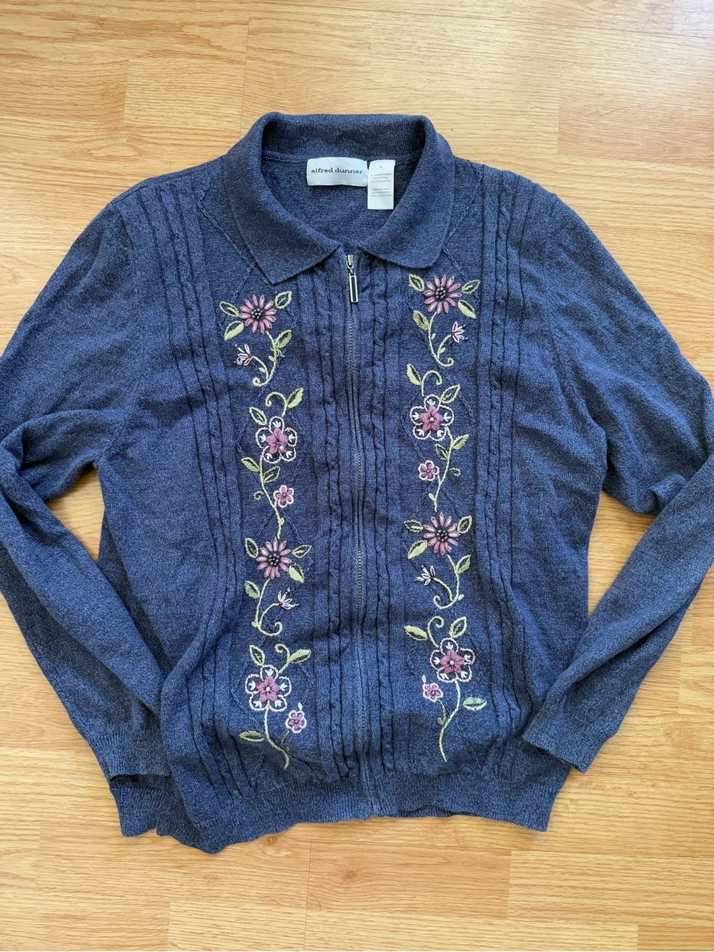 VTG 90s Alfred Dunner Embroidered Zip Cardigan Sweater XL Floral Cable Knit Blue